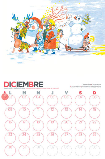 calendario el viaje 14 Nele Palmtag diciembre 2019 personajes avanzan juntos con muñeco de nieve