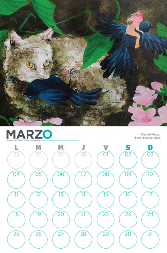 calendario el viaje 4 Dulce Ferreira marzo 2019 gato aves personaje plantas